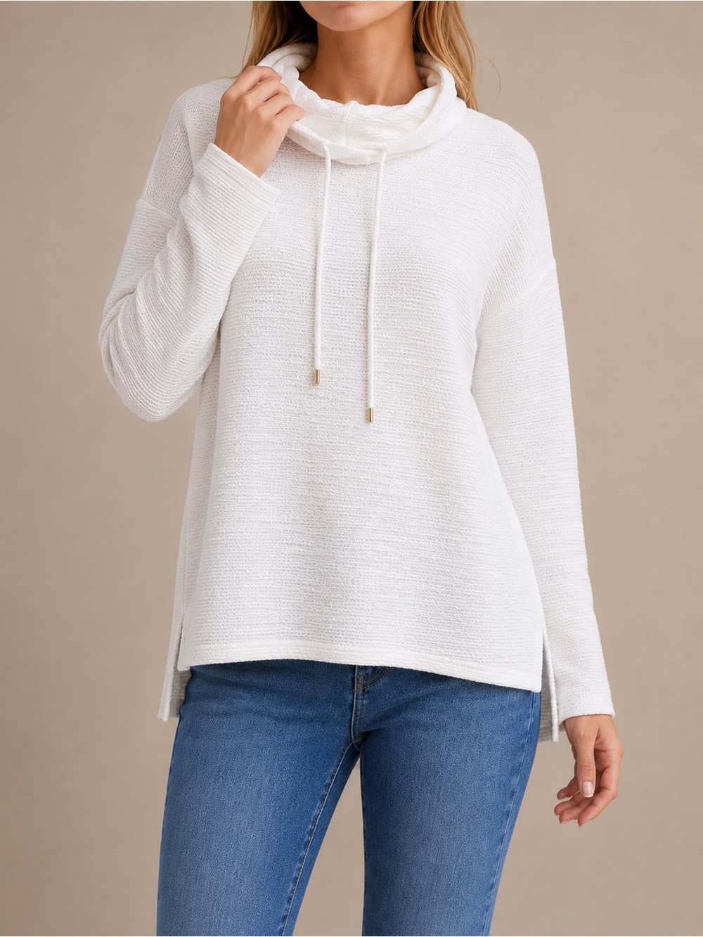 Jones New York Signature White Textured Cowl Neck Cotton Sweater Size S